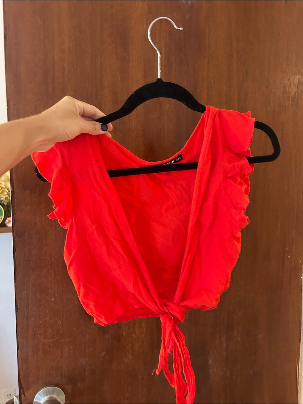 SHEIN Red Tie-Front Ruffle Crop Top